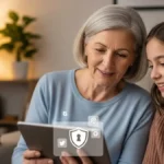 Segurança Digital para Crianças e Adolescentes - Adulto e adolescente conversando sobre segurança nas redes sociais, com tablet em mãos, em ambiente acolhedor.