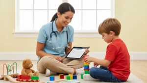 Ilustração de um profissional avaliando uma criança pequena em contexto de identificação precoce do autismo.