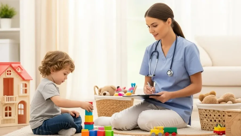 Profissional observando a comunicação não verbal de uma criança durante avaliação de TEA.