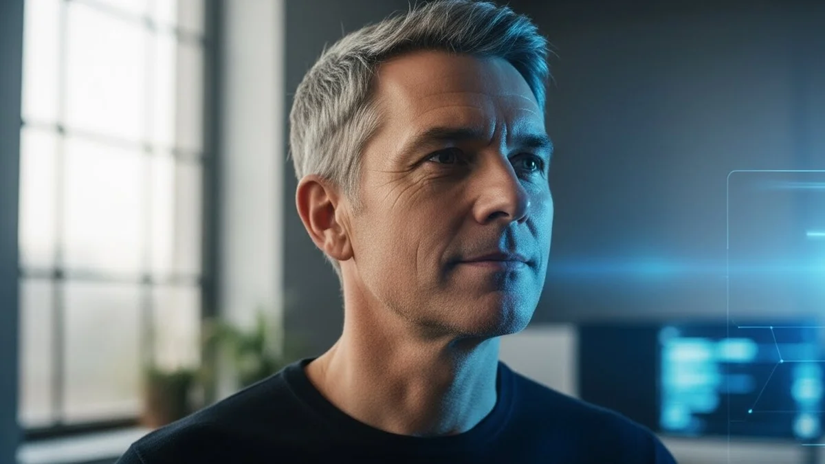 Homem em Transição - Homem maduro com expressão de resiliência e foco, cercado por luzes tecnológicas azuis, ilustrando a saúde mental masculina moderna.