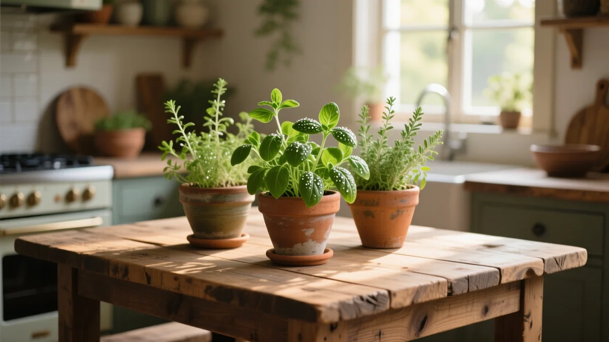 Vasos de cerâmica com manjericão, hortelã e alecrim frescos sobre uma mesa de madeira clara, em ambiente doméstico iluminado naturalmente