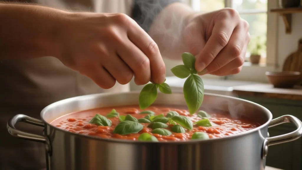Ervas Medicinais - Mão humana despejando folhas frescas de manjericão em uma panela com molho de tomate borbulhando