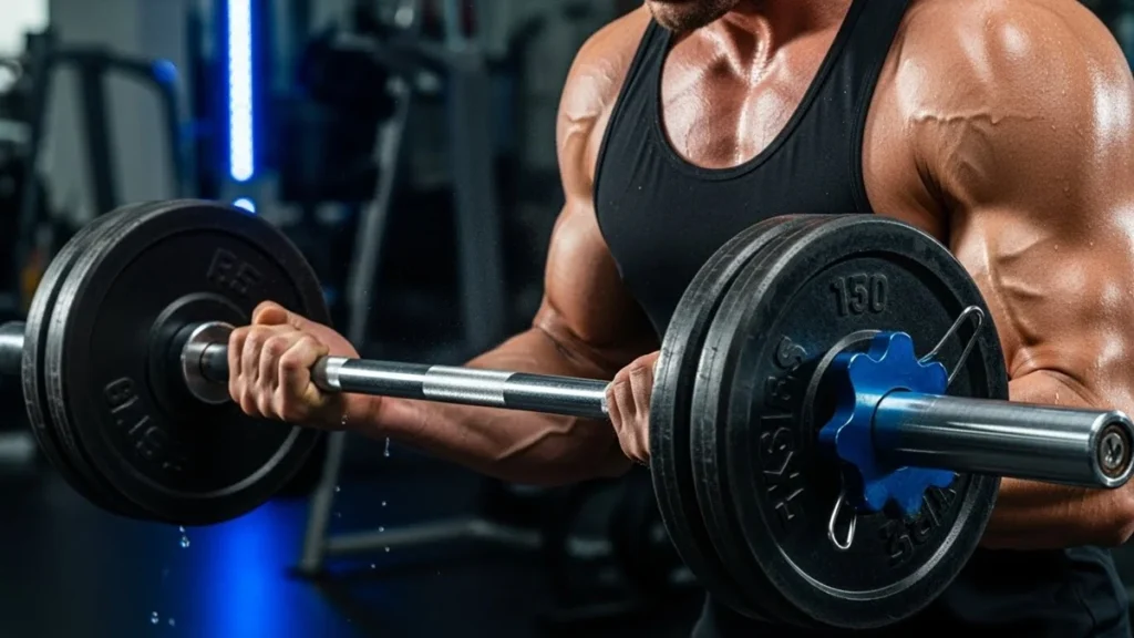 Homem em Transição -  treino de força masculino com barra de ferro e detalhes azuis, representando a otimização hormonal através do exercício físico.