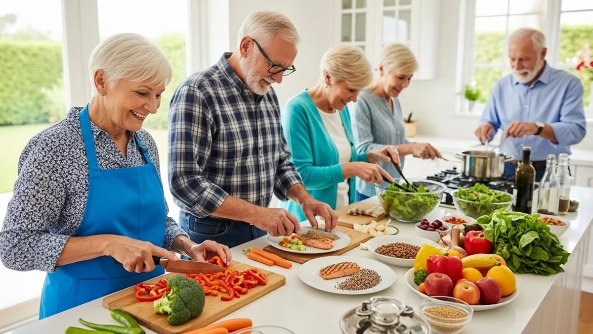 Casais de idosos preparando refeição saudável em casa, com alimentos naturais e expressão de bem-estar