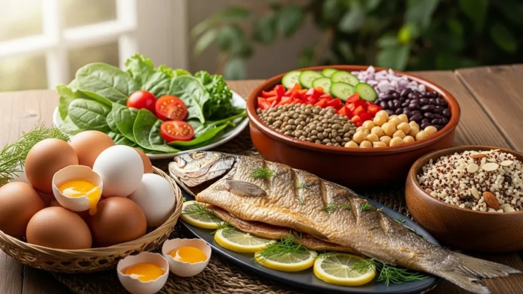 Alimentos ricos em proteínas para prevenir sarcopenia.