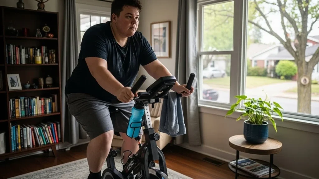 Exercícios de Baixo Impacto para Pessoas com Sobrepeso - Pessoa com sobrepeso usando bicicleta ergométrica em casa