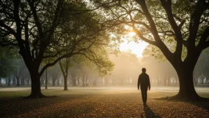 Pessoa caminhando em parque ao amanhecer