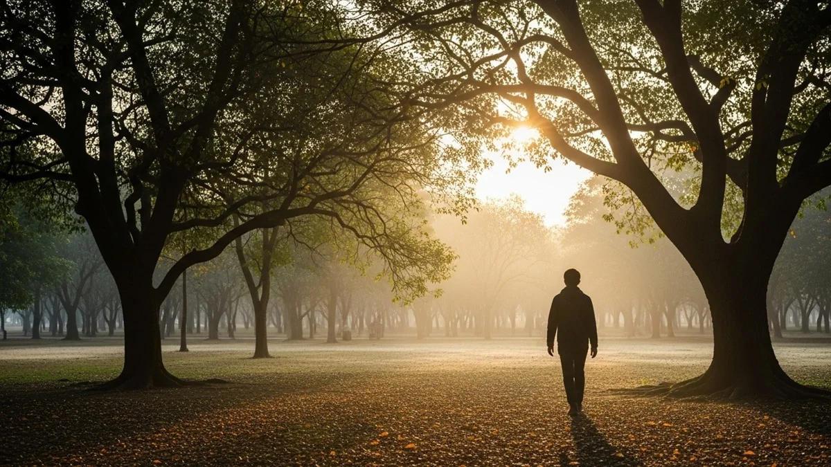 Pessoa caminhando em parque ao amanhecer