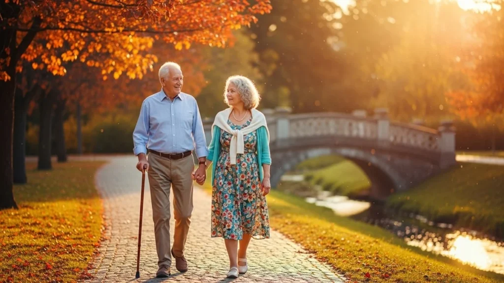 Casal idoso caminhando ao ar livre