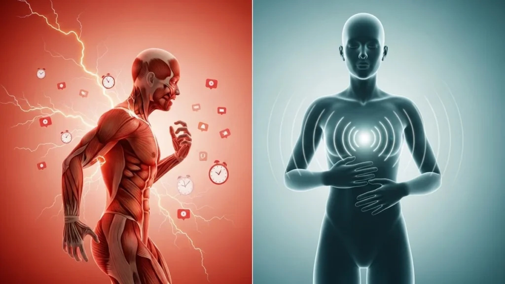 Ilustração dividida mostrando o corpo humano em estado de alerta (lado esquerdo, cores quentes e tensão) e em estado de relaxamento (lado direito, cores frias e calma).