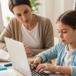 Transtornos de Aprendizagem - Criança com transtorno de aprendizagem sendo apoiada por um adulto durante atividade escolar, usando teclado e materiais adaptados, em ambiente acolhedor e sem julgamento.
