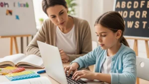 Transtornos de Aprendizagem - Criança com transtorno de aprendizagem sendo apoiada por um adulto durante atividade escolar, usando teclado e materiais adaptados, em ambiente acolhedor e sem julgamento.