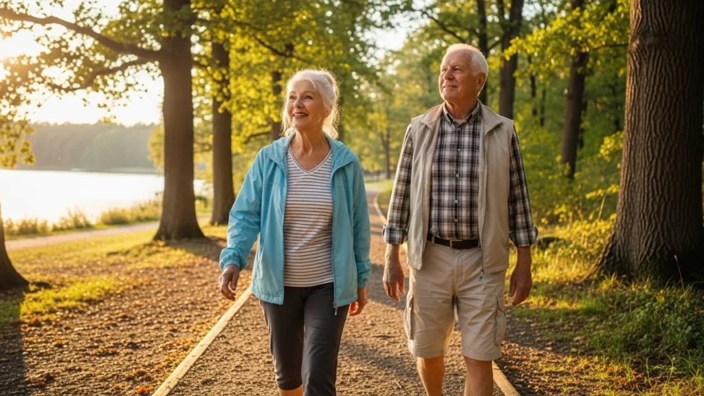 Sarcopenia - Idosos caminhando com autonomia e equilíbrio.