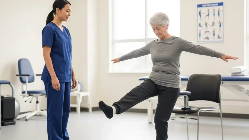 Pessoa idosa praticando exercício de equilíbrio com apoio