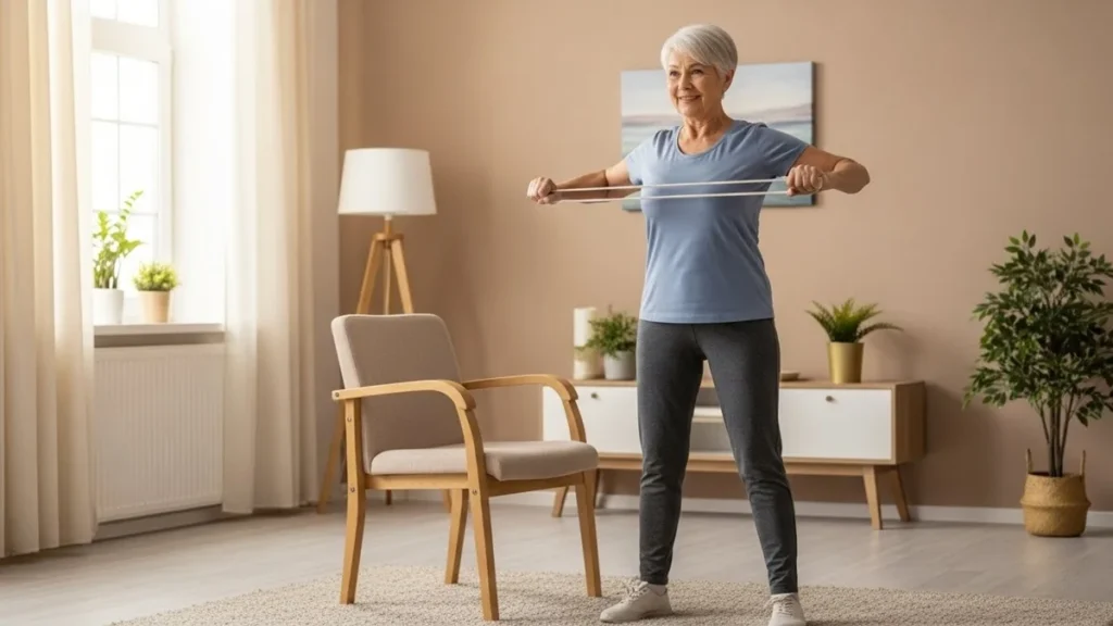Exercícios Físicos para Saúde e Longevidade - Pessoa idosa praticando exercício de equilíbrio em casa