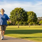 Exercícios de Baixo Impacto para Pessoas com Sobrepeso - Pessoa com sobrepeso caminhando em parque plano, com postura relaxada e expressão confiante
