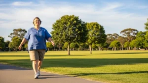 Exercícios de Baixo Impacto para Pessoas com Sobrepeso - Pessoa com sobrepeso caminhando em parque plano, com postura relaxada e expressão confiante