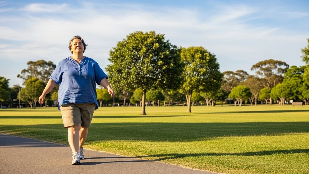 Exercícios de Baixo Impacto para Pessoas com Sobrepeso - Pessoa com sobrepeso caminhando em parque plano, com postura relaxada e expressão confiante