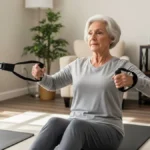 Idoso realizando exercício de sentar e levantar da cadeira em casa