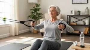 Idoso realizando exercício de sentar e levantar da cadeira em casa