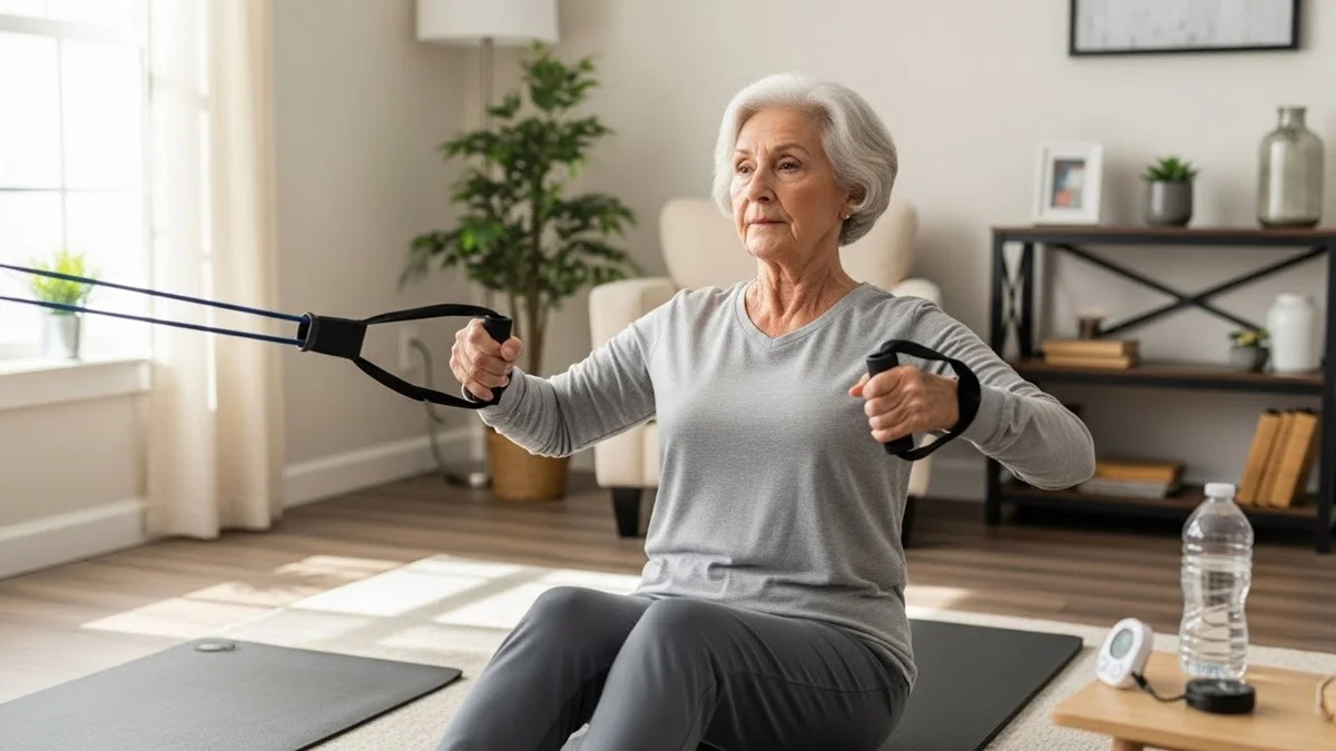 Idoso realizando exercício de sentar e levantar da cadeira em casa
