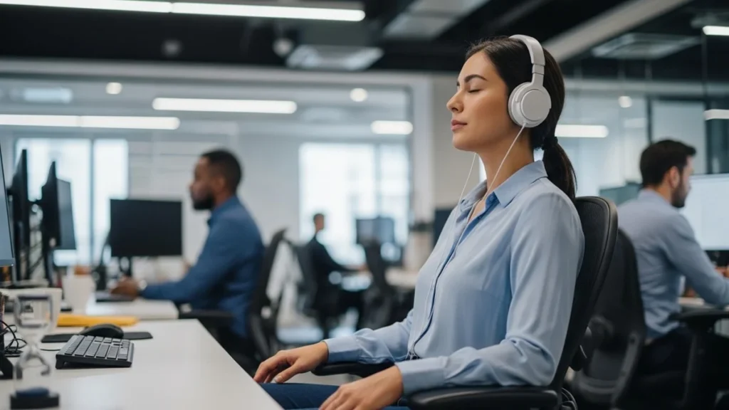 Composição visual com três momentos do dia: exposição à luz solar pela manhã, pausa para respiração durante o trabalho e ambiente tranquilo antes de dormir.