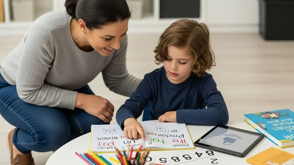 Transtornos de Aprendizagem - Professora ou mãe ajudando criança com suspeita de transtorno de aprendizagem usando materiais adaptados como cartões numéricos, áudio e escrita assistida.