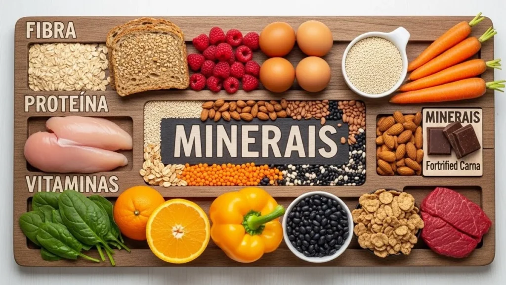 Mesa com frutas, vegetais, grãos integrais e fontes de proteína para alimentação saudável na terceira idade