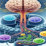 Ilustração do eixo intestino-cérebro: nervo vago conectando intestino e cérebro, com ícones de serotonina e bactérias boas.