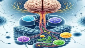 Ilustração do eixo intestino-cérebro: nervo vago conectando intestino e cérebro, com ícones de serotonina e bactérias boas.