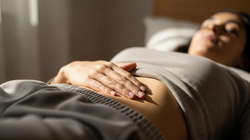 Pessoa deitada com a mão sobre o abdômen, posição para realizar a respiração diafragmática que ativa o nervo vago.