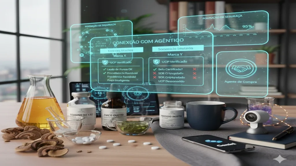 Suplementos Naturais - Interface de assistente de IA Gemini verificando preços e pureza de suplementos via protocolo UCP.