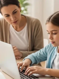 Transtornos de Aprendizagem - Criança com transtorno de aprendizagem sendo apoiada por um adulto durante atividade escolar, usando teclado e materiais adaptados, em ambiente acolhedor e sem julgamento.