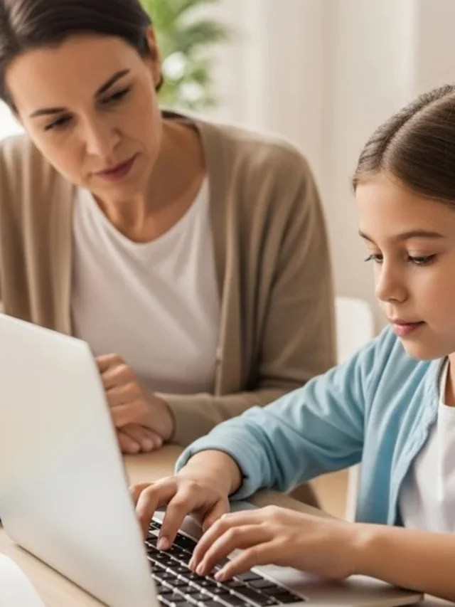 Transtornos de Aprendizagem - Criança com transtorno de aprendizagem sendo apoiada por um adulto durante atividade escolar, usando teclado e materiais adaptados, em ambiente acolhedor e sem julgamento.
