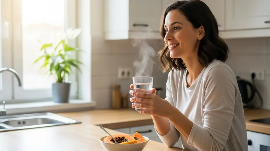 Mulher resolvendo intestino preso com hábitos simples: água morna e mamão no café da manhã.