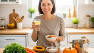 Mulher preparando café da manhã saudável com mamão, linhaça e iogurte — solução natural para intestino preso.