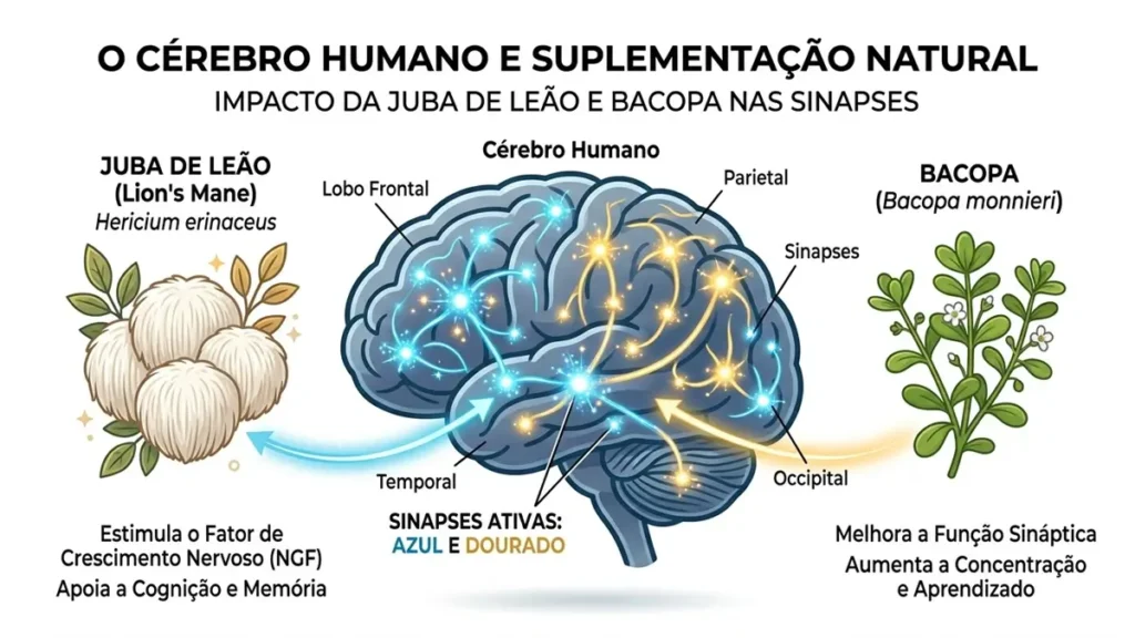 Suplementos Naturais 2026: 7 Opções com Comprovação Científica 1 Ilustração de cérebro com sinapses ativas representando efeito de nootrópicos naturais