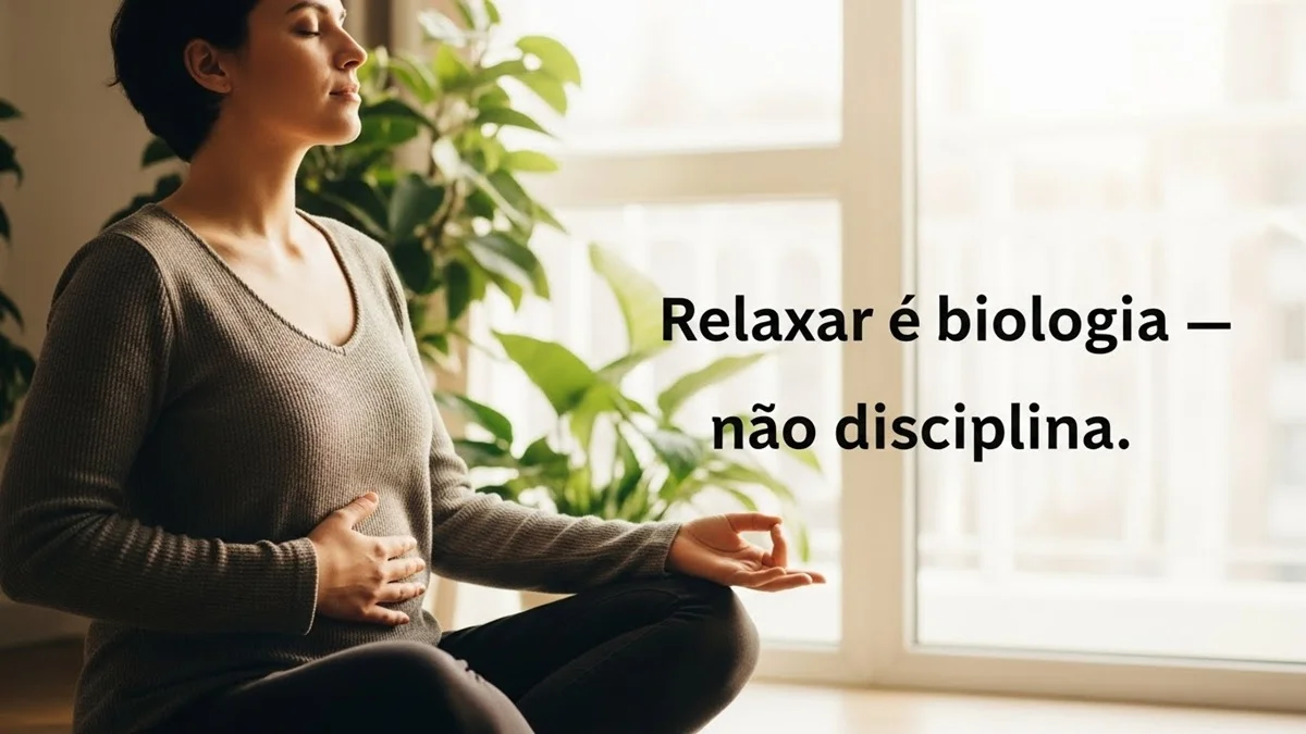 Você não consegue relaxar - Mulher respirando profundamente com mão no abdômen — técnica para ativar o nervo vago e reduzir estresse crônico