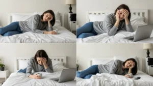 Pessoa respirando na cama, bebendo água morna, alongando suavemente