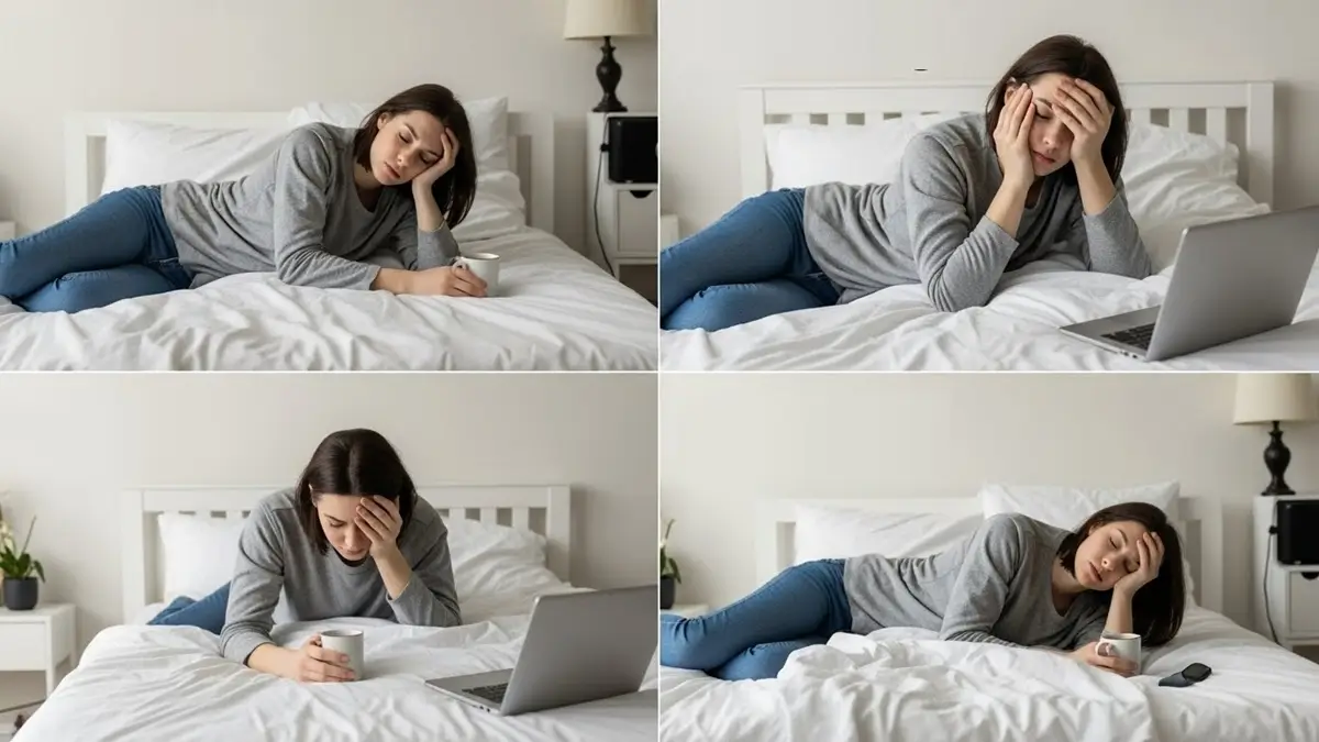 Pessoa respirando na cama, bebendo água morna, alongando suavemente