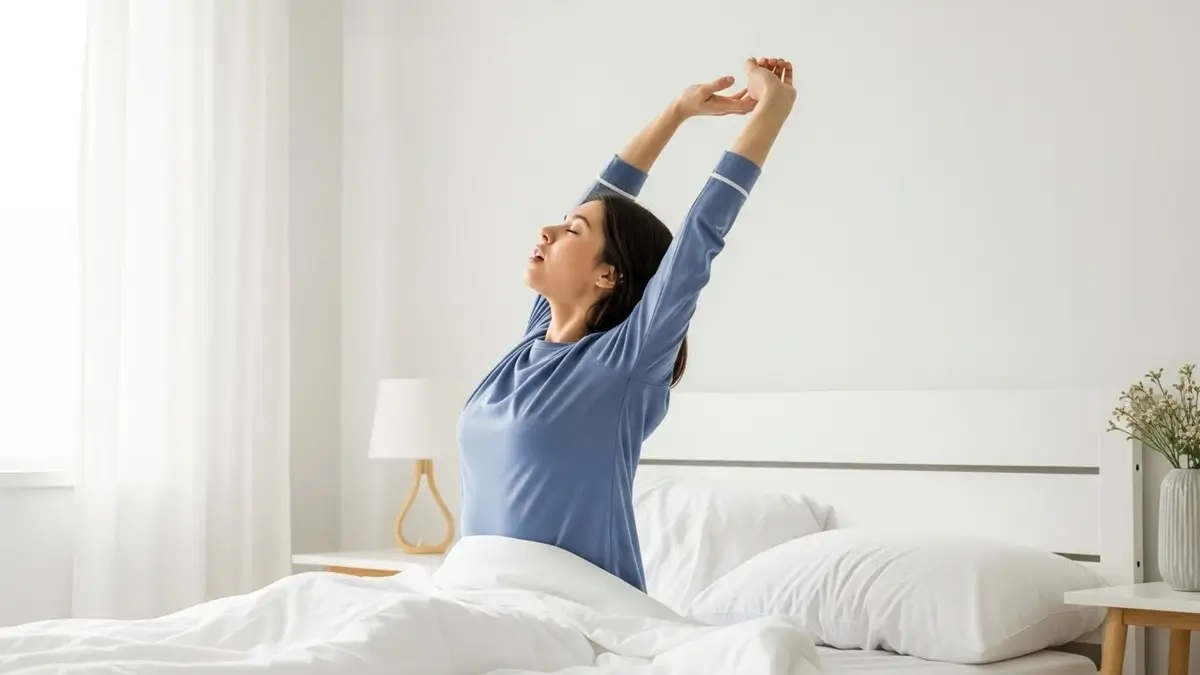 Ilustração passo a passo: pessoa respirando na cama, bebendo água morna, alongando suavemente — rotina matinal realista para quem acorda esgotado