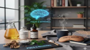 Suplementos Naturais - Vitamina D3, Zinco e Nootrópicos em um ambiente laboratorial moderno.