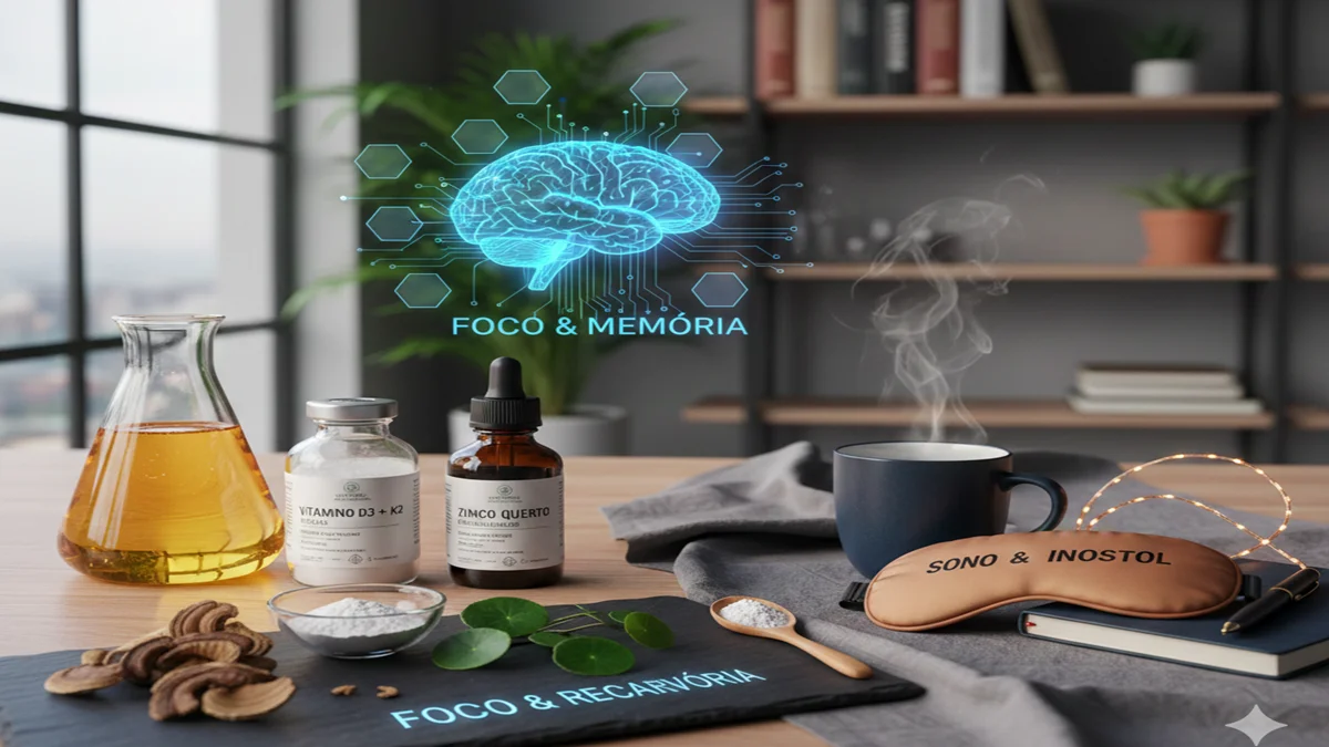 Suplementos Naturais - Vitamina D3, Zinco e Nootrópicos em um ambiente laboratorial moderno.