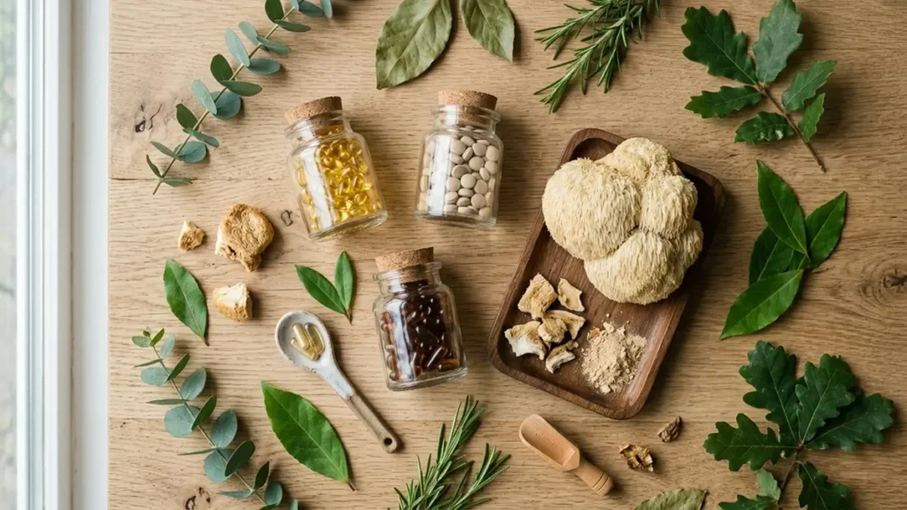 Suplementos Naturais 2026: 7 Opções com Comprovação Científica 2 Suplementos naturais 2026 em flat lay com vitamina D3, zinco e própolis verde