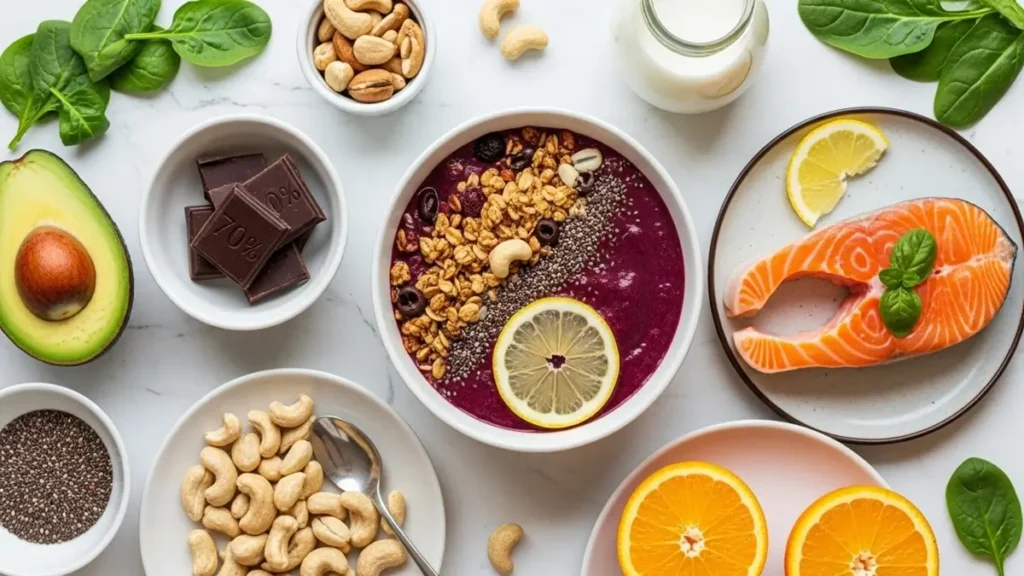 Flat lay de alimentos anti-inflamatórios que reduzem cortisol: salmão, açaí, espinafre, cacau 70%, castanhas, abacate, sementes de chia e laranja dispostos em mármore branco