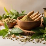 Raiz de ashwagandha e pó medicinal em tigela de madeira rústica, com folhas frescas de withania somnifera ao redor, iluminação natural dourada do amanhecer, superfície de mármore branco, elementos ayurvédicos como almofariz de latão, fotografia premium de suplemento natural para redução de cortisol