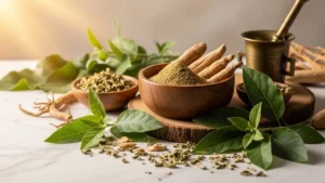 Raiz de ashwagandha e pó medicinal em tigela de madeira rústica, com folhas frescas de withania somnifera ao redor, iluminação natural dourada do amanhecer, superfície de mármore branco, elementos ayurvédicos como almofariz de latão, fotografia premium de suplemento natural para redução de cortisol