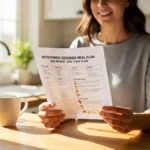 Cardápio de Nutricionista - Mulher segurando cardápio de nutricionista para emagrecer com plano alimentar de 7 dias em cozinha moderna e iluminada