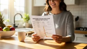 Cardápio de Nutricionista - Mulher segurando cardápio de nutricionista para emagrecer com plano alimentar de 7 dias em cozinha moderna e iluminada