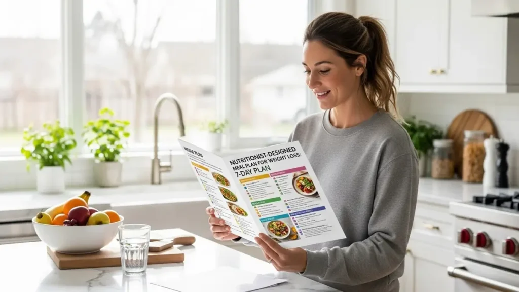 Cardápio de Nutricionista para Emagrecer Grátis: Plano de 7 Dias + Lista de Compras 1 Nutricionista apresentando cardápio semanal completo para emagrecimento com lista de refeições saudáveis e equilibradas